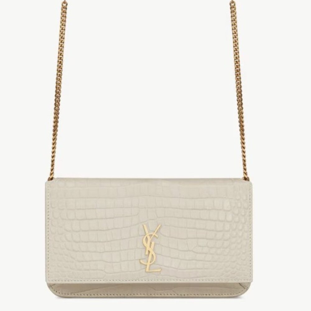 Yves Saint Laurent Cream Croc-Embossed Mini Shoulder Bag with Gold Hardware